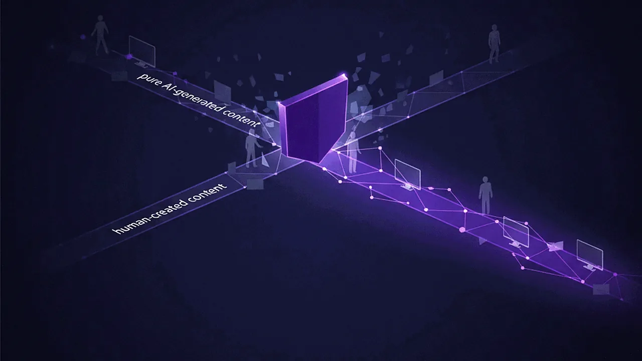 Visual representation of an algorithm changing, with the path for pure AI content being blocked and human content gaining prominence.
