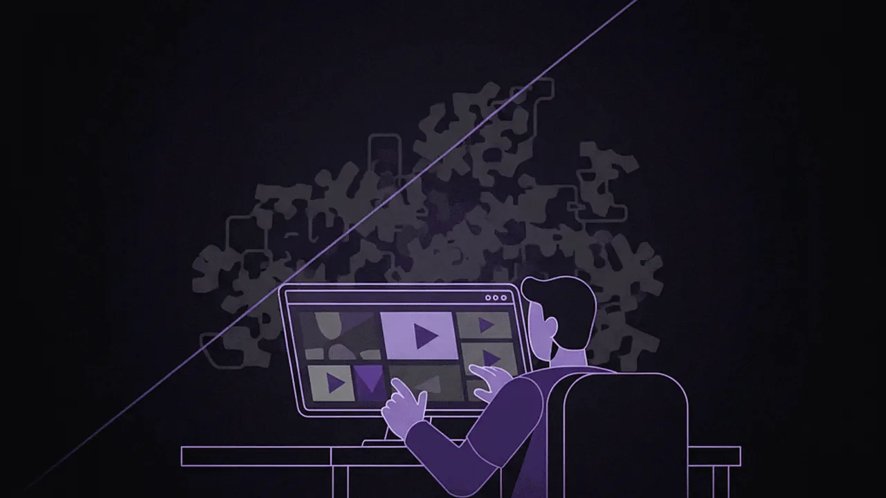 Contrast between a creator using AI to refine content and a mass of generic AI-generated content in the background.