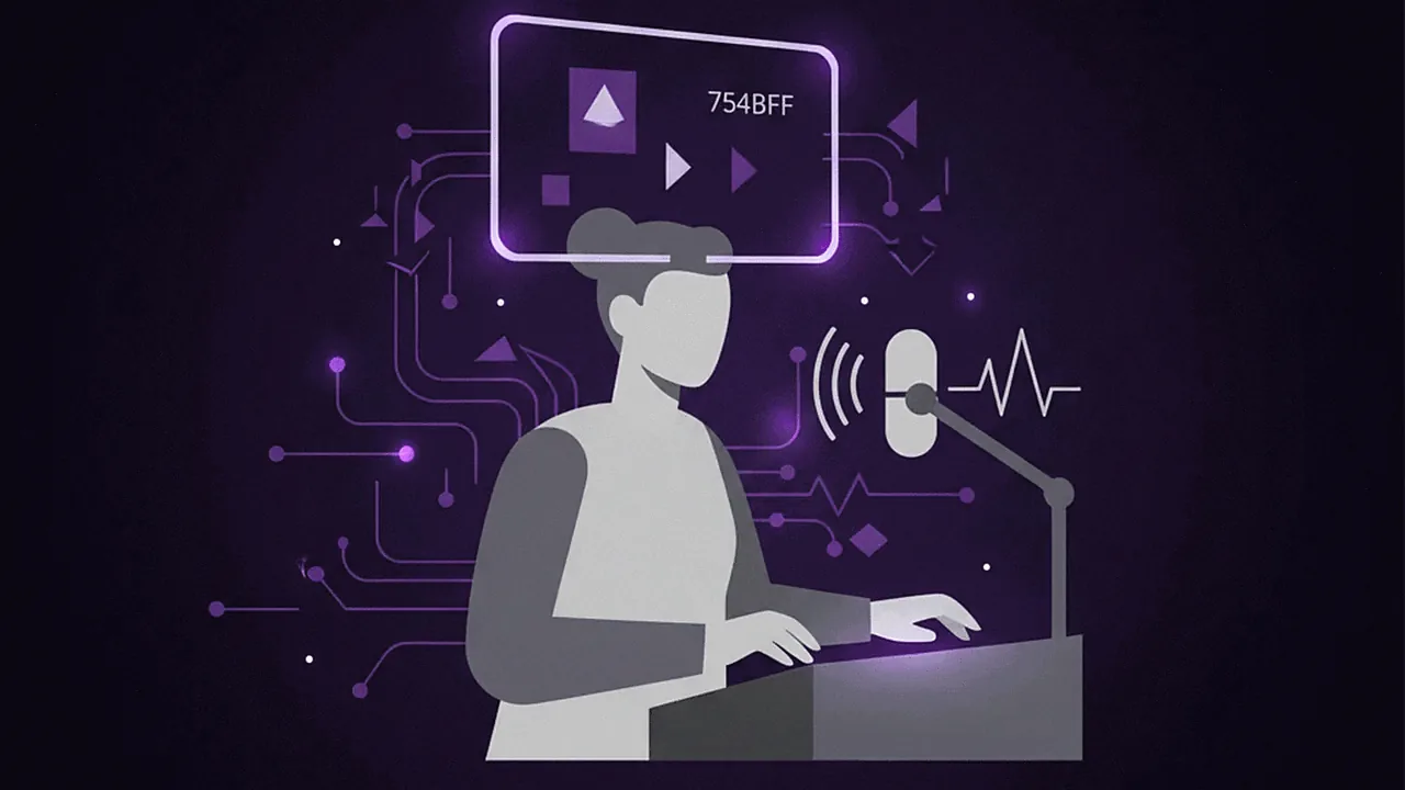 A content creator focused on a live recording, with subtle visual elements of AI tools assisting the process.