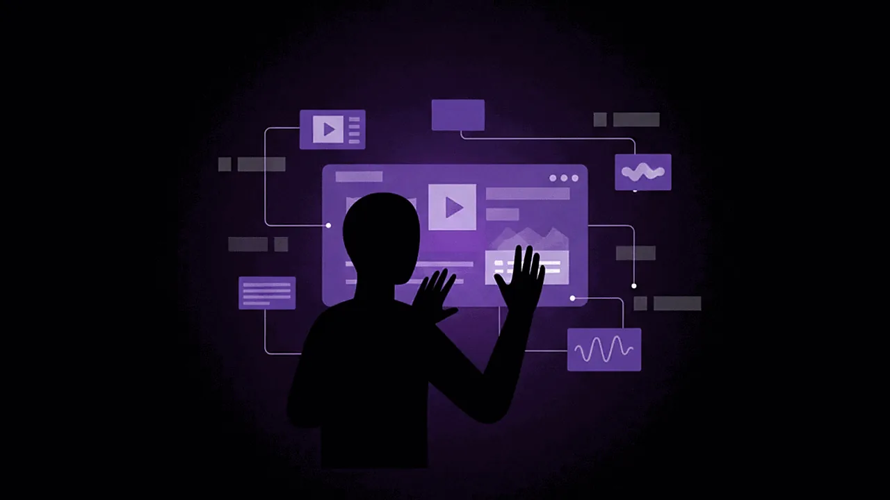 An anonymous figure creating digital content in a dark environment with purple touches, symbolizing a faceless channel.