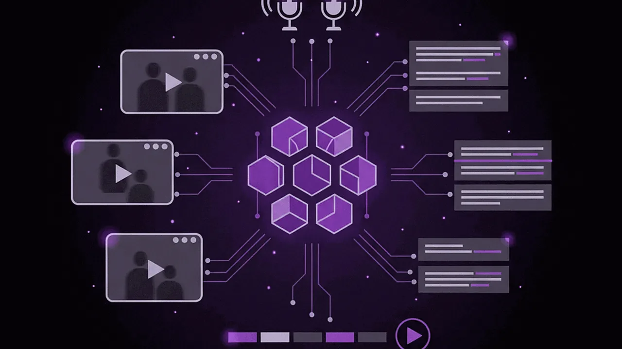 Artificial intelligence generating video content, with purple and black graphic elements.