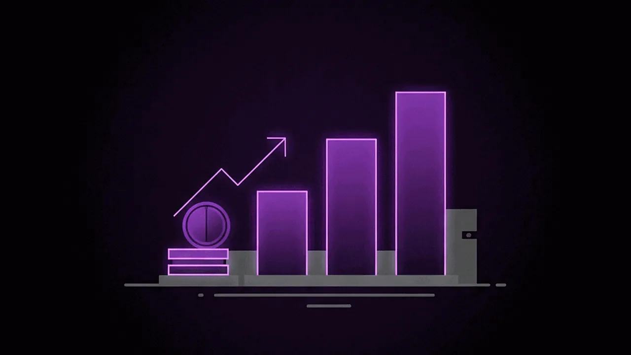 A financial growth chart in shades of purple and black, symbolizing earnings on a faceless channel.