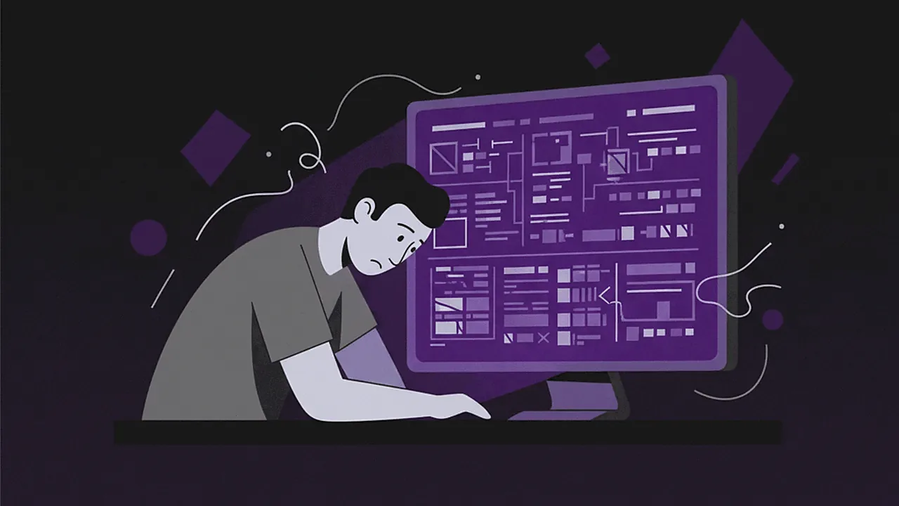 A tired, stressed streamer sitting in front of a computer with a complex video editing timeline, symbolizing exhausting manual work.