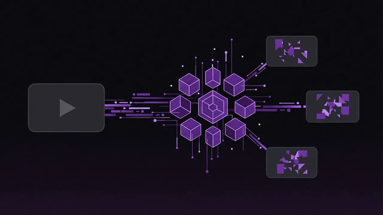 A visual representation of the AI clipping process: a stream of live video entering an AI processing core with glowing purple lines, resulting in multiple short clips.
