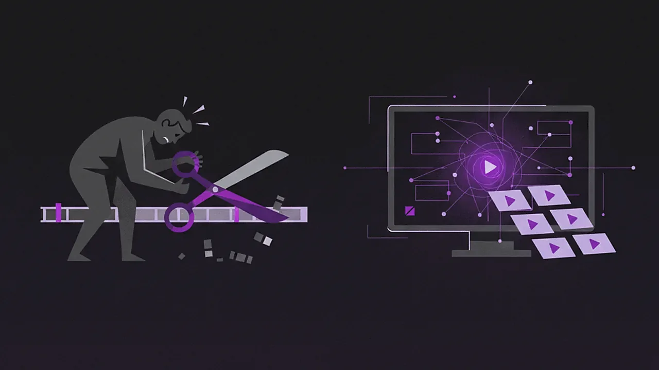 A visual comparison between manual clipping (a stressed person with scissors on a timeline) and AI clipping (a futuristic purple interface generating clips automatically), highlighting the efficiency of AI.