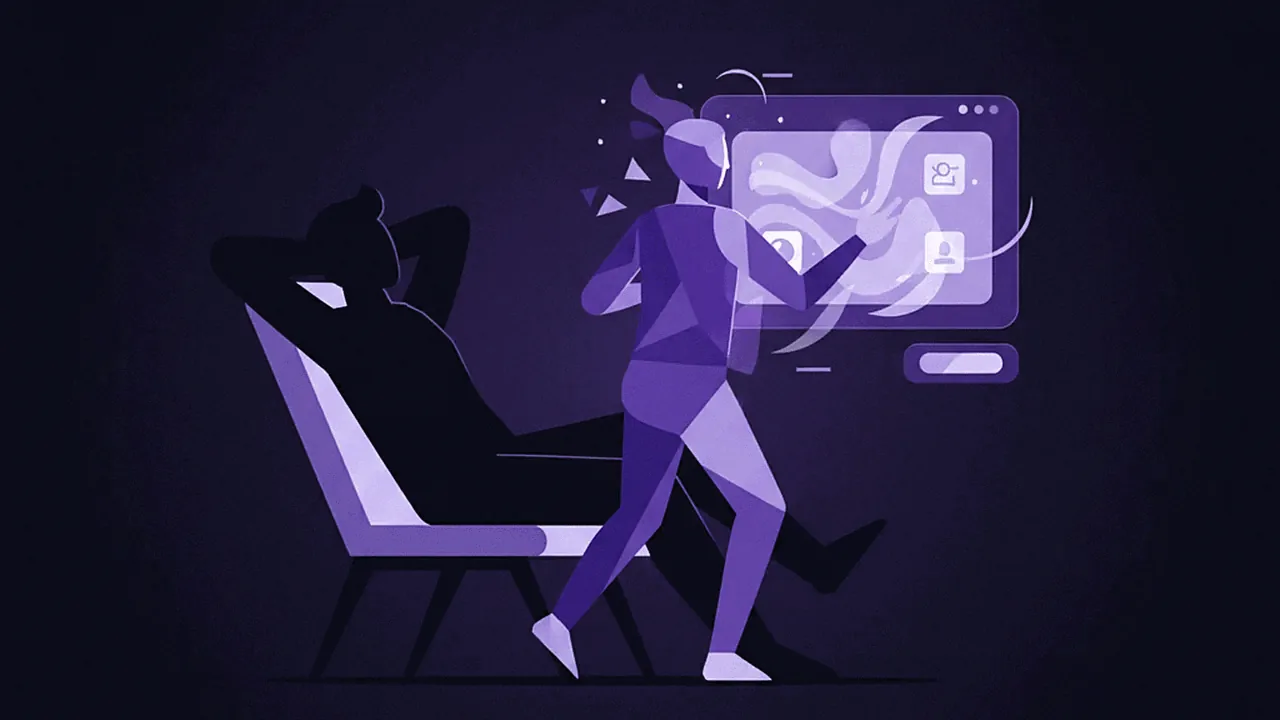 A creator relaxing while an animated digital clone produces content on a screen.