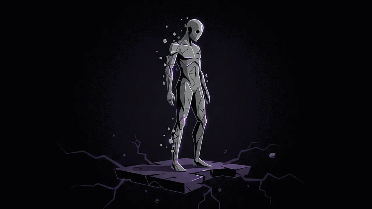 A fragmented digital clone on the edge of a deep abyss, symbolizing ethical questions.