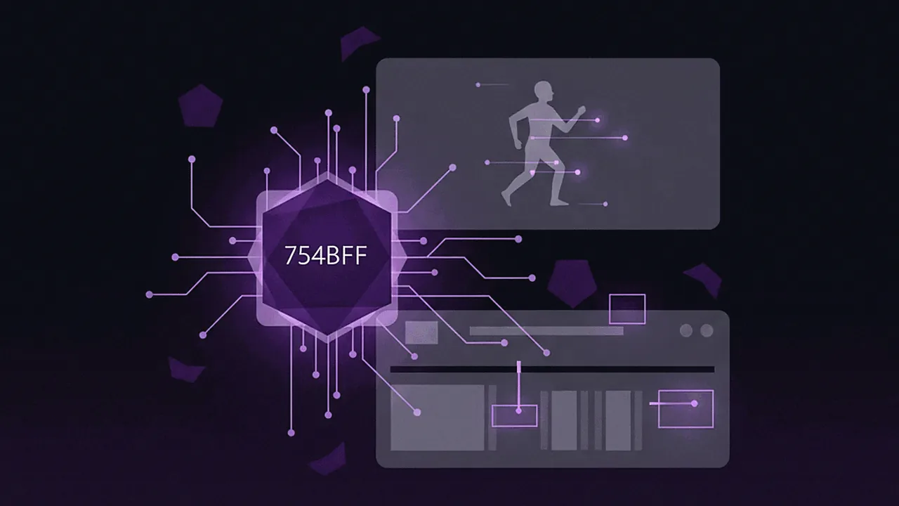 An abstract representation of artificial intelligence optimizing video creation in purple and black.