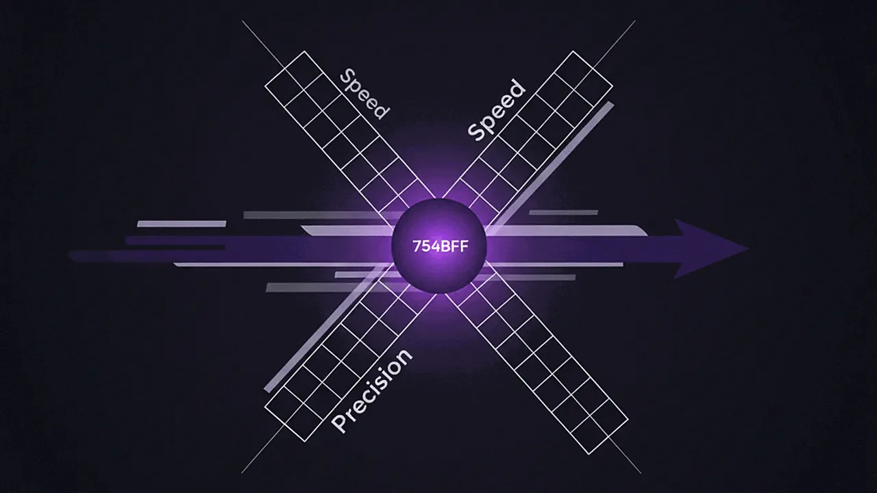 Minimalist chart showing two axes crossing: one for speed (purple) and one for accuracy (white).