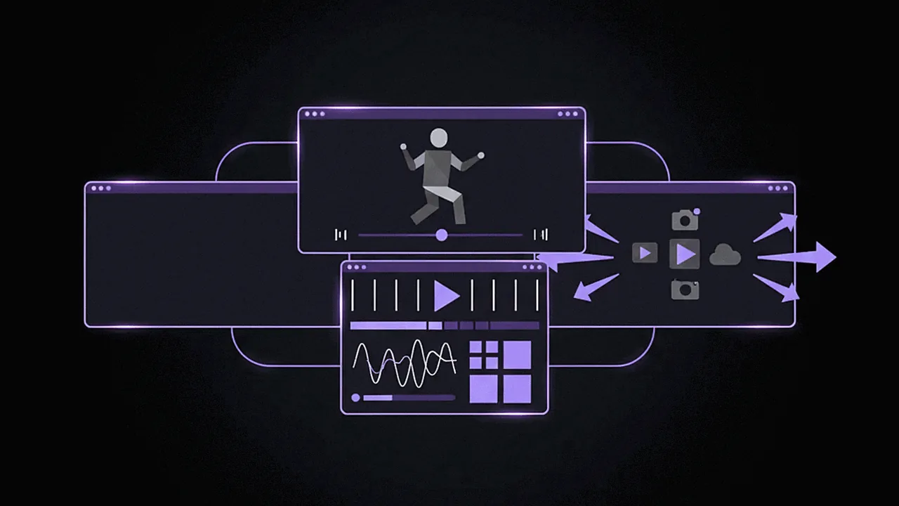 Minimalist interface showing a video being edited, automatic captions and social network icons for distribution, representing the real function of a virality tool.