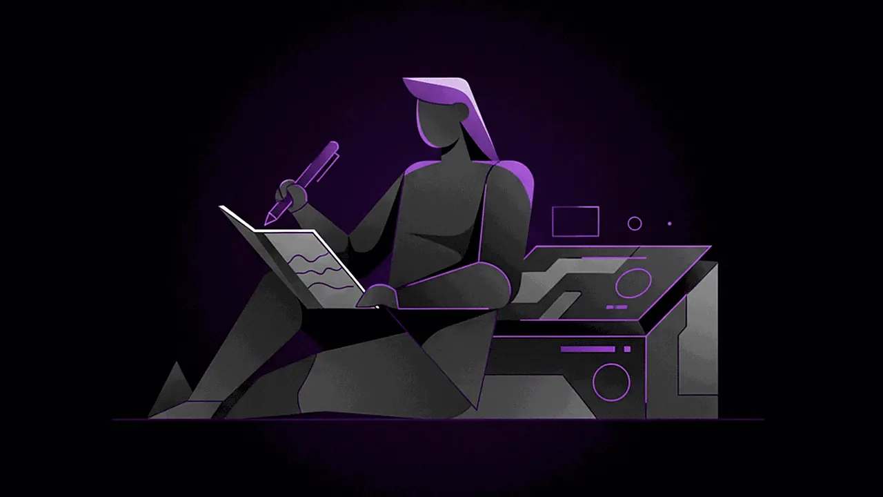 An abstract human figure in a creative pose, holding a microphone or a pen, with a software interface waiting in the background, representing the need for original content and human creativity.