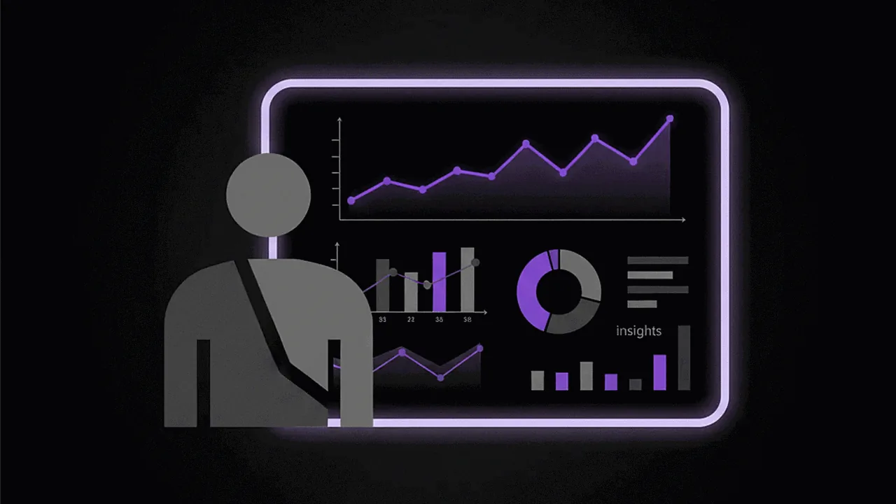 Abstract person analyzing engagement data on a digital dashboard, with charts and visual elements in purple.