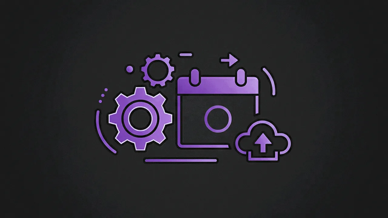 Calendar and gear icons symbolizing the automation and scheduling of social media posts.