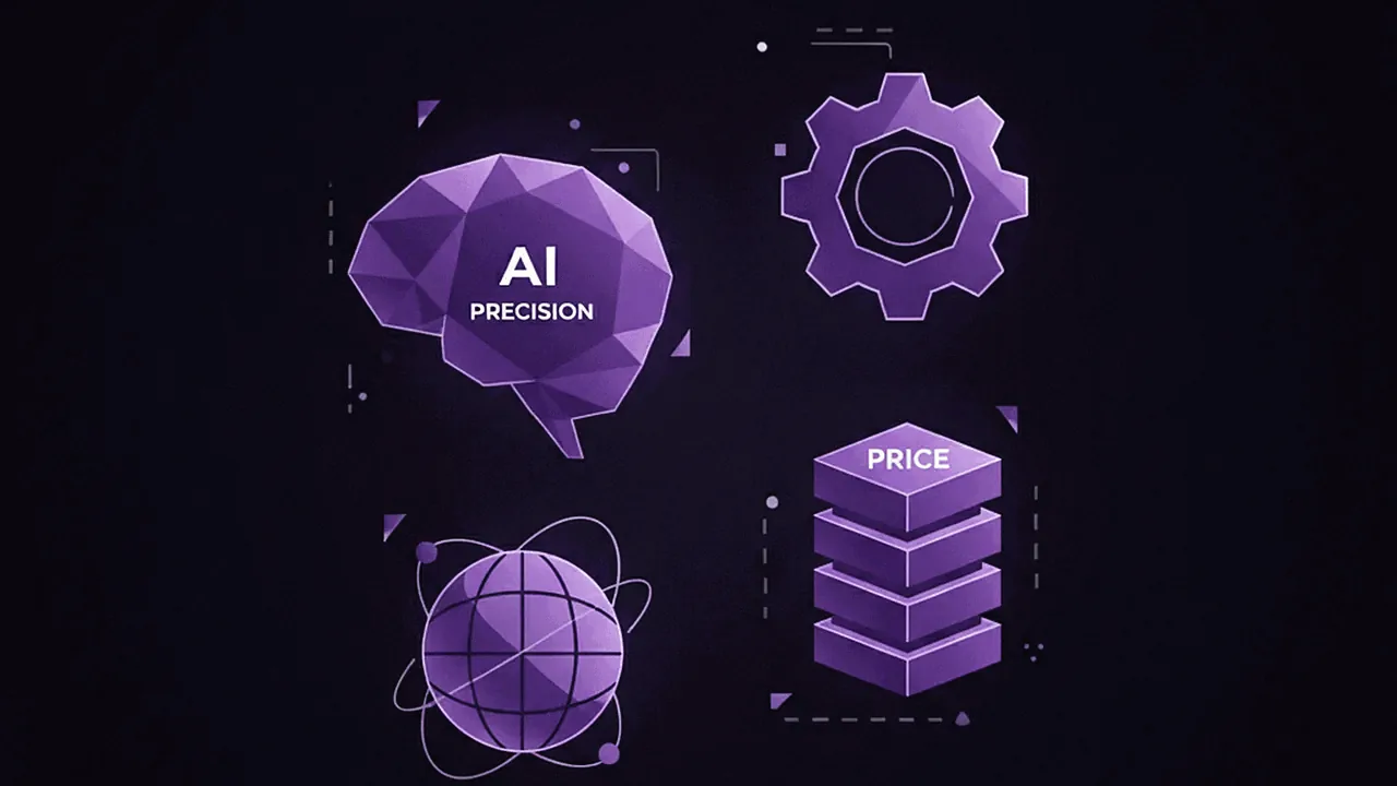 Minimalist icons representing evaluation criteria such as accuracy, cost and compatibility.