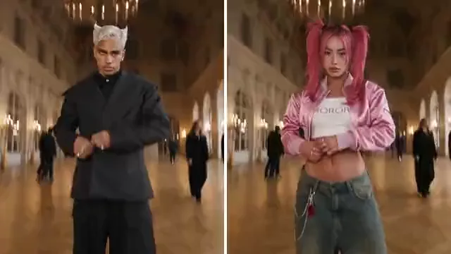 Before and after: a person in a car and the same scene with the orange-haired persona in glasses in their place.